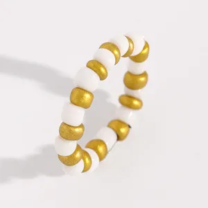 Handmade elegant white and gold acrylic beaded elastic ring for women's jewelry