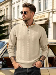 Detailed close-up of men's cream cable knit Henry collar sweater with elbow patches