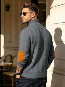 Stylish grey cable knit turtleneck sweater featuring mustard elbow patches for men