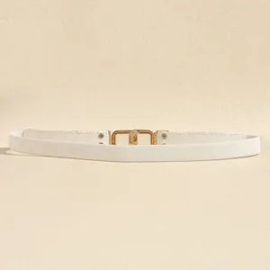 Elegant white thin elastic belt for women featuring a polished gold-tone buckle.