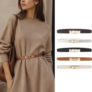 Women's Fashion Skinny Elastic Waist Belt With Golden Alloy Interlocking Buckle PU Leather Trim For Dresses Sweaters
