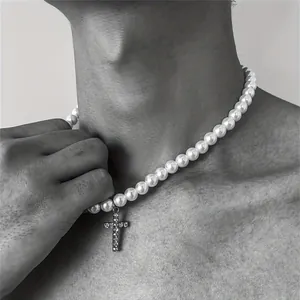Retro hip-hop faux pearl necklace for men with rhinestone cross pendant charm