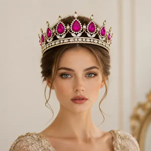 Close-up of a luxury Baroque bridal crown with pink teardrop stones and rhinestones