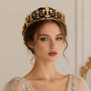 Elegant gold baroque crown tiara with sparkling rhinestones for bridal wedding event