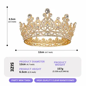 Macro detail of a baroque golden crown showing product height, diameter, and weight specs.
