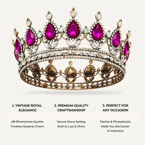 Detailed view of a vintage baroque royal crown with magenta teardrop rhinestones