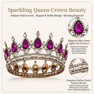 Baroque retro crown detail with rose red gems and intricate hollow floral gold design