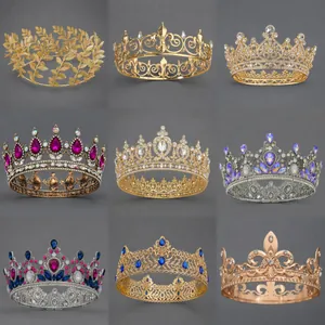 Vintage Baroque Full Round Rhinestone Crown Tiara Alloy Crystal Headpiece For Wedding Pageant Bridal Hair Accessories