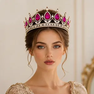 Luxury baroque retro full round crown with brilliant rose red rhinestones for wedding