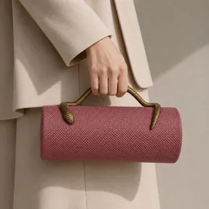 Close-up detail of a pink woven evening bag featuring an elegant brass snake-shaped handle