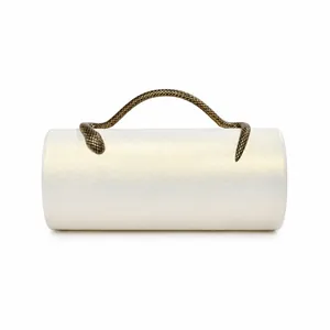 Elegant white cylindrical PU clutch bag featuring a detailed metallic snake handle