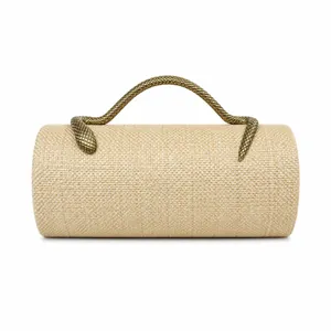 Elegant cylindrical evening clutch bag with golden snake-shaped metal handle
