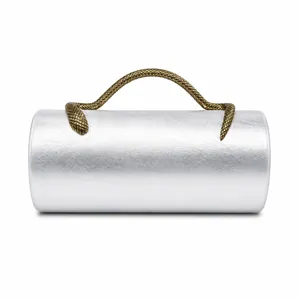 Elegant silver cylindrical clutch bag featuring a detailed gold snake-shaped handle.