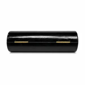 Rear view of sleek black snake-texture cylindrical evening clutch with gold hinges