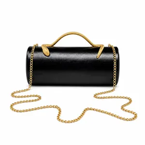 Elegant black PU leather cylinder evening bag with iconic gold snake handle and chain