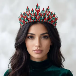 Elegant Christmas crown featuring intricate red and green crystal rhinestones on a silver base