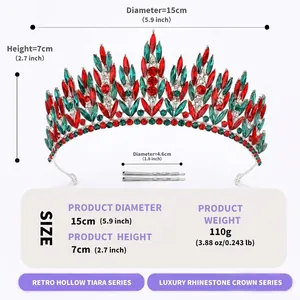 Detailed size guide for luxury red and green rhinestone Christmas tiara crown.