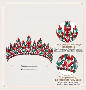 Detail view of Christmas tiara with red and green horse-eye rhinestones.