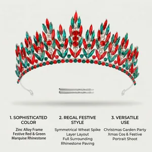 Festive red and green marquise rhinestone crown with zinc alloy frame for Xmas parties