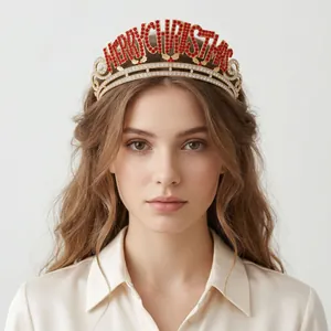 Elegant gold Christmas crown with red rhinestones spelling Merry Christmas for party