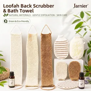 Natural sisal exfoliating back scrubber strap and bath mitt glove set for body skin care.