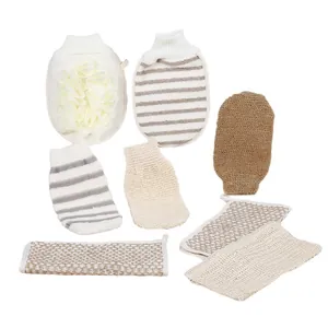 8-piece exfoliating bath glove set including striped mitts and textured scrubbing towels