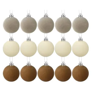 Set of 15 flocked 6cm Christmas ornaments in taupe, cream, and brown for tree decoration