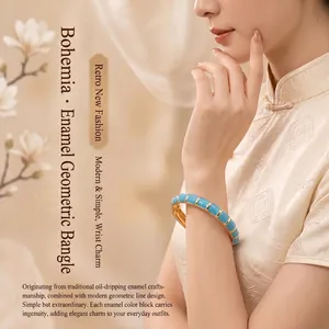Bohemian Enamel Colorful Oil Dripping Hinge Bangle Vintage Gold Plated Zinc Alloy Geometric Bracelet For Women Jewelry