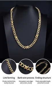 Vues détaillées d'un collier cubain hip-hop doré avec des finitions en fil de fer barbelé