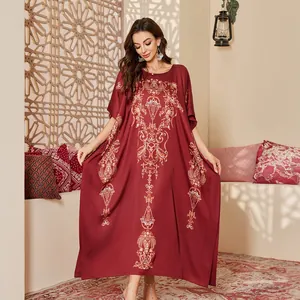 Elegant plus size satin kaftan robe with gold baroque print for women