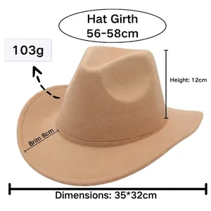 Detailed size guide for beige western cowboy hat including dimensions and total weight