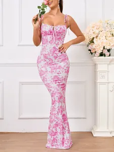 Pink tie-dye floral print bodycon maxi dress with tie-up straps and fishtail hem