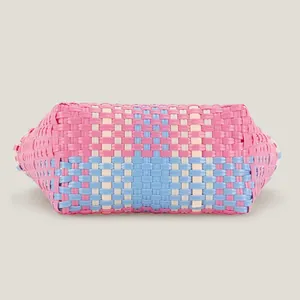 Colorful hand-woven plastic mini bag with checkered pattern for sweet picnic style