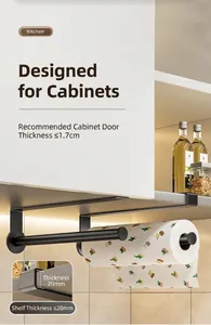 Black under cabinet paper towel holder showing shelf thickness limit of 20mm