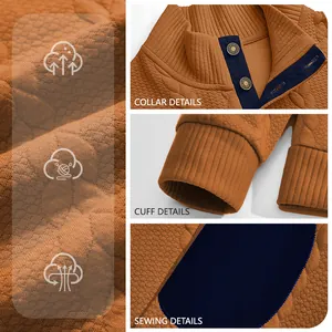Close-up of jacquard fabric texture and Henley collar details for men's sweatshirt