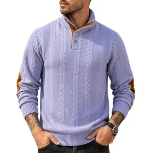 Men's cable knit lavender polo sweater with henley collar and brown elbow patches.