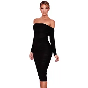 Elegant black off-the-shoulder ruched mesh midi dress with long sleeves for party
