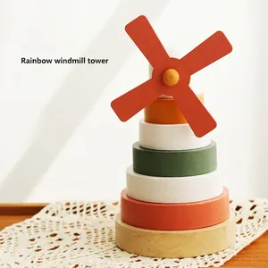 Montessori Wooden Rainbow Stacking Toy Geometric Shape Sorting Building Blocks Educational Balancing Tower For Toddler Baby