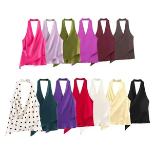 Elegant satin halter neck wrap tops shown in multiple vibrant colors and patterns.