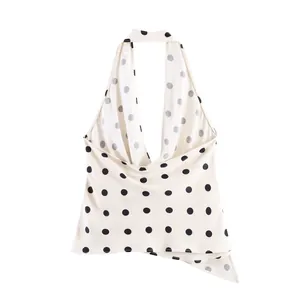 Satin halter neck top with black polka dots and draped neckline design