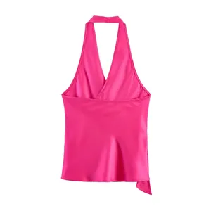 Fuchsia pink satin halter neck top with sleek silk texture and elegant V-neck design