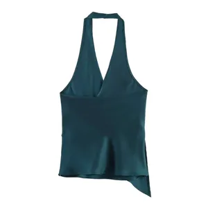 Elegant emerald green satin halter neck top with an asymmetrical hemline for summer.