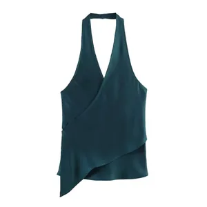 Elegant dark green silk satin halter neck top featuring a stylish asymmetric wrap hem design