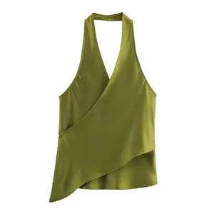 Elegant olive green satin halter neck wrap top featuring an asymmetric hemline.