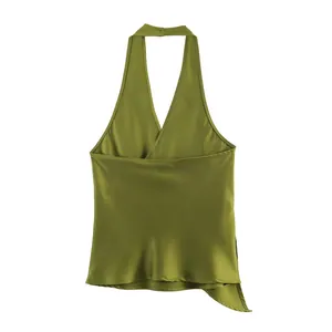 Detail of olive green satin halter neck top with elegant deep V-neckline