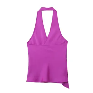 Women's fuchsia satin halter neck top with smooth silk texture and open back design