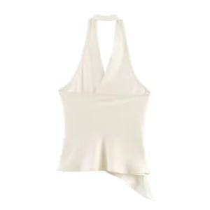 Detailed back view of an elegant white satin-textured halter neck top for women.