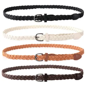 Detailed view of four braided skinny belts for women in black, beige, camel and brown.