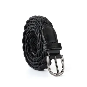 Detailed macro shot of a black braided thin casual belt with a metallic buckle
