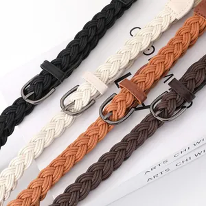 Close-up detail of multi-colored twist braided thin belts for women's outfits